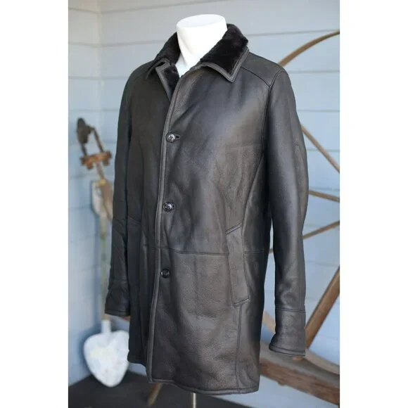 $2K Gallotti Leather Shearling-Lined Jacket Coat Black SZ 48/38 S/M